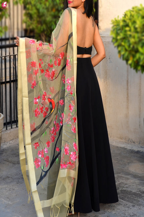 Cream Organza Hand painted Floral Birds Stole