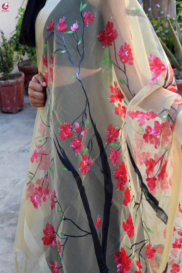 Cream Organza Hand painted Floral Birds Stole