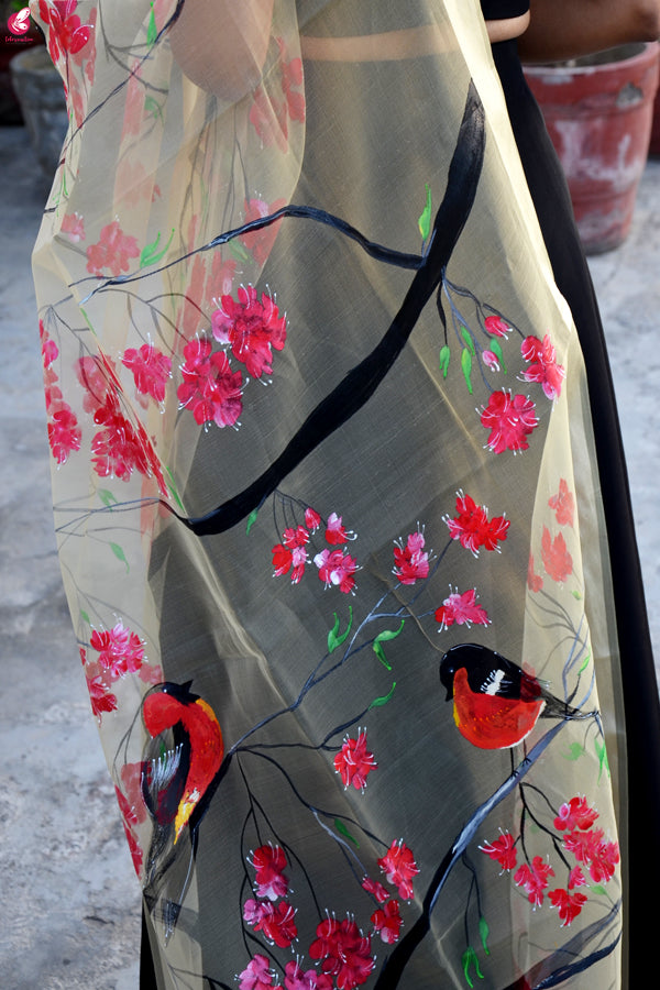 Cream Organza Hand painted Floral Birds Stole