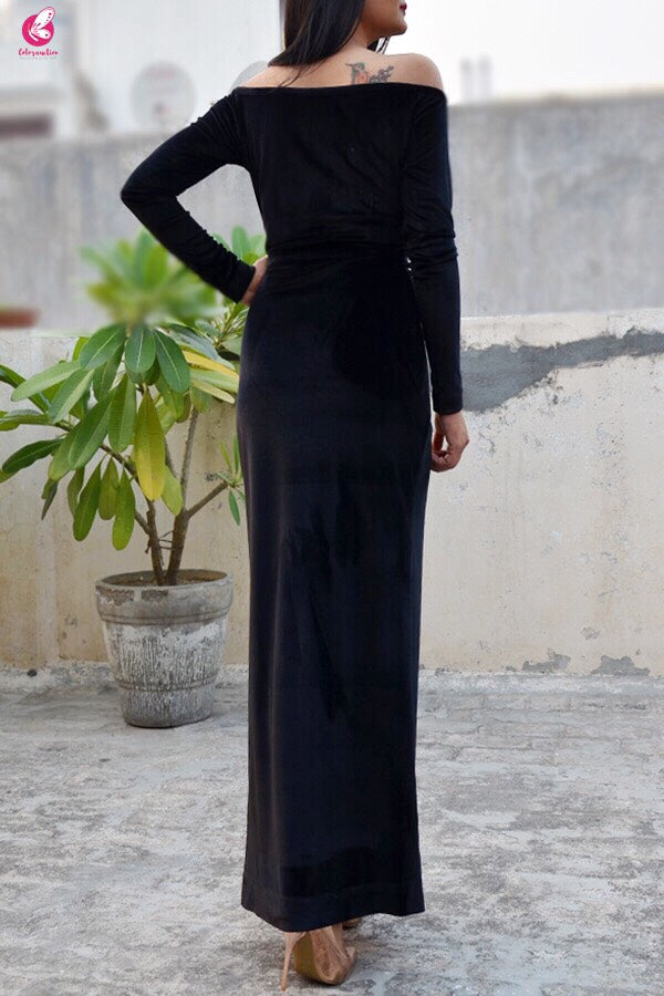 Black Padded Velvet Maxi Cocktail Dress