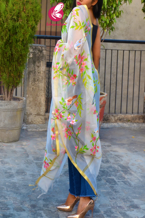 Off White Handpainted Colourful Floral Golden Zari Pure Organza Stole