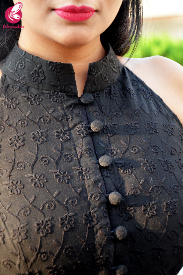 Black Cotton Chikankari Sleeveless Dress