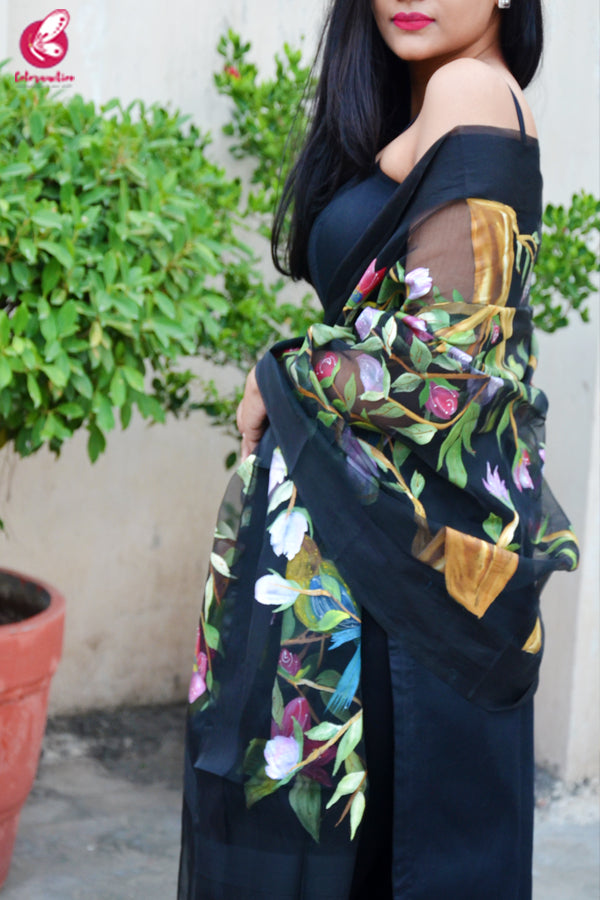 Black Organza Handpainted Colorful Floral Stole