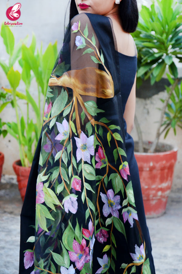 Black Organza Handpainted Colorful Floral Stole