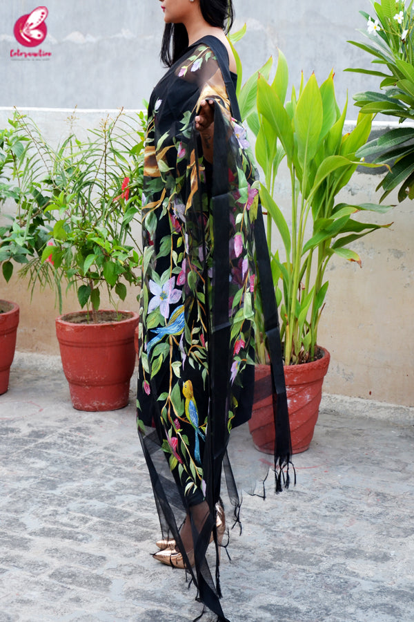 Black Organza Handpainted Colorful Floral Stole