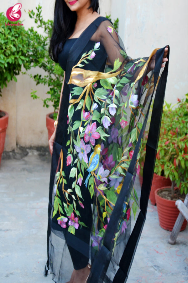 Black Organza Handpainted Colorful Floral Stole