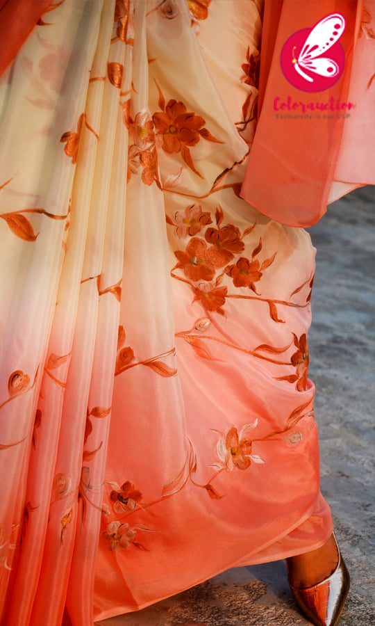 Peach &amp; Off White Double Shaded Chinon Saree