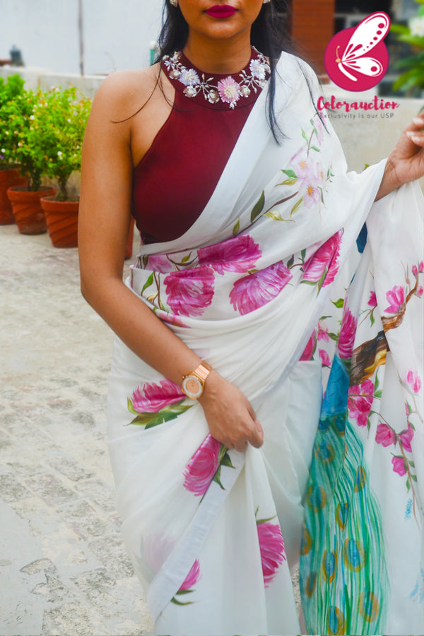 White Hand-painted Silk Crepe White Satin Taping Saree with Maroon Crepe Handwork Blouse Piece