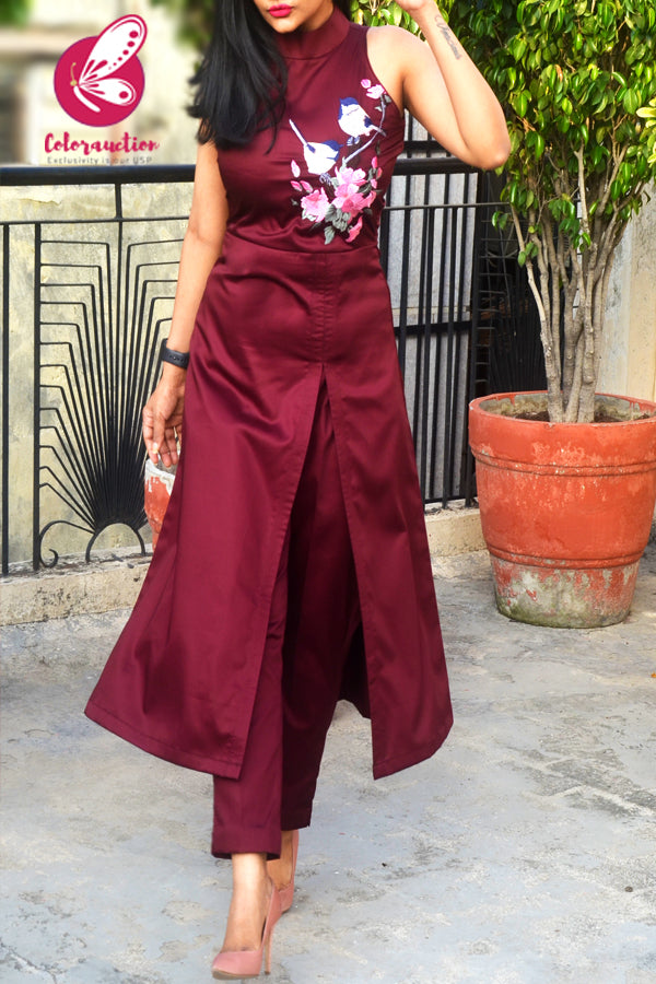 Burgundy Cotton Silk Embroidered Kurti Set