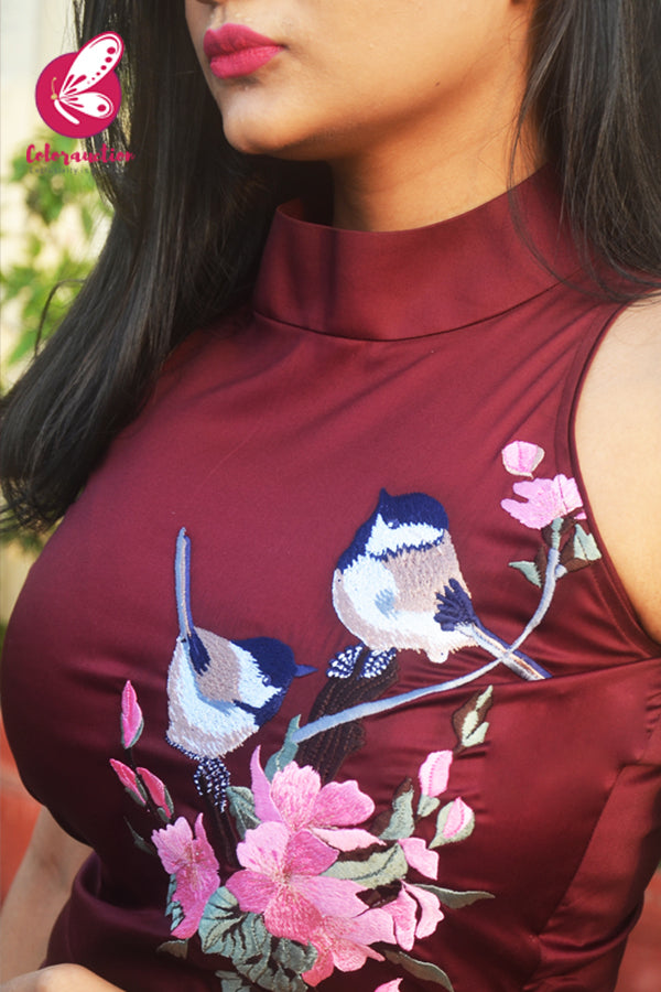 Burgundy Cotton Silk Embroidered Kurti Set