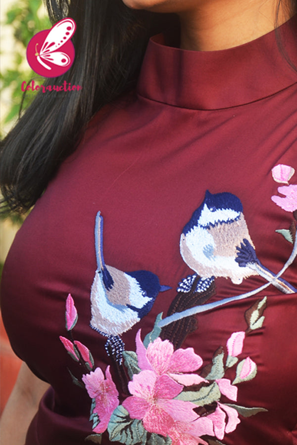 Burgundy Cotton Silk Embroidered Kurti Set