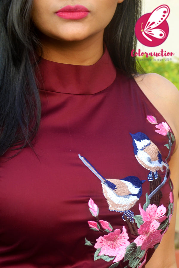 Burgundy Cotton Silk Embroidered Kurti Set
