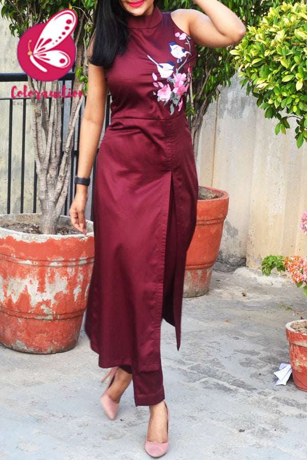 Burgundy Cotton Silk Embroidered Kurti Set