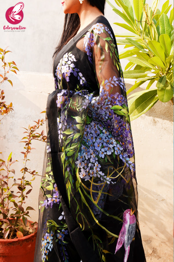 Black Organza Multicolored Hand painted Floral Stole