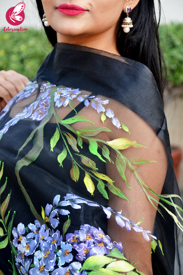 Black Organza Multicolored Hand painted Floral Stole