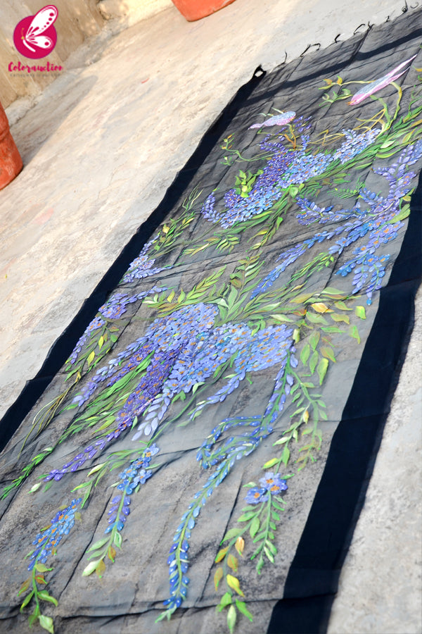 Black Organza Multicolored Hand painted Floral Stole