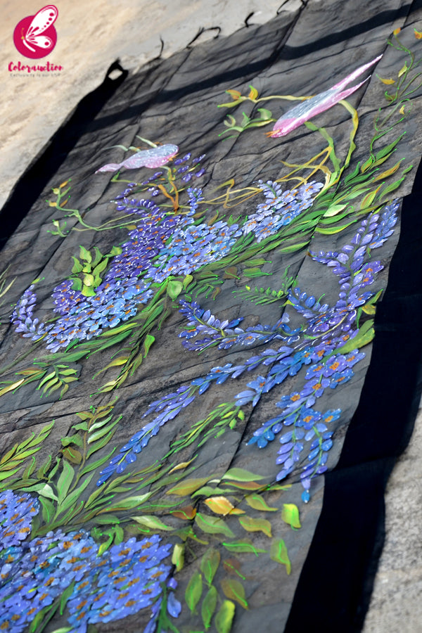 Black Organza Multicolored Hand painted Floral Stole
