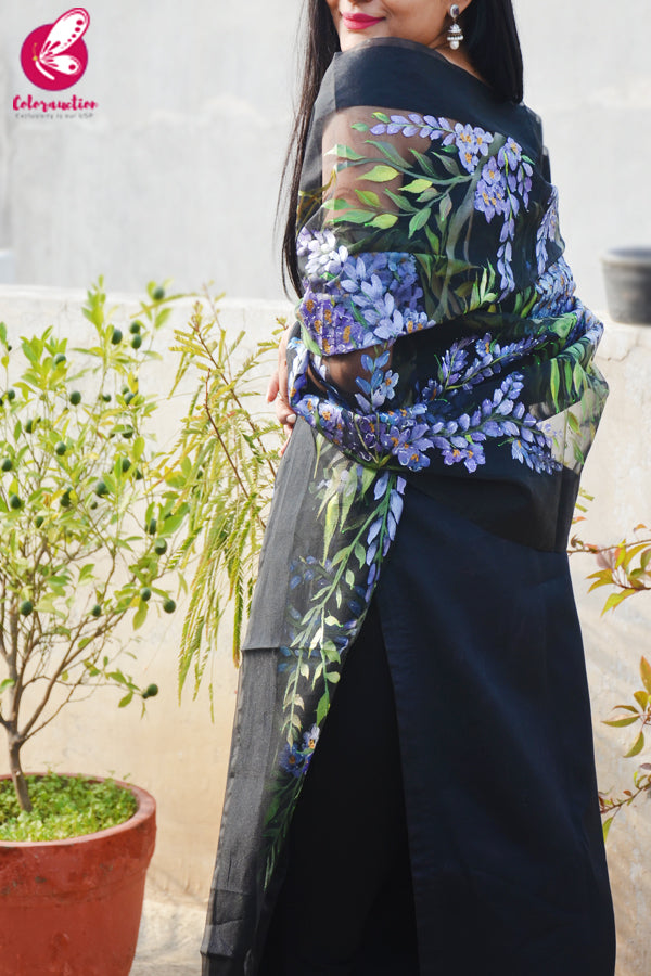 Black Organza Multicolored Hand painted Floral Stole