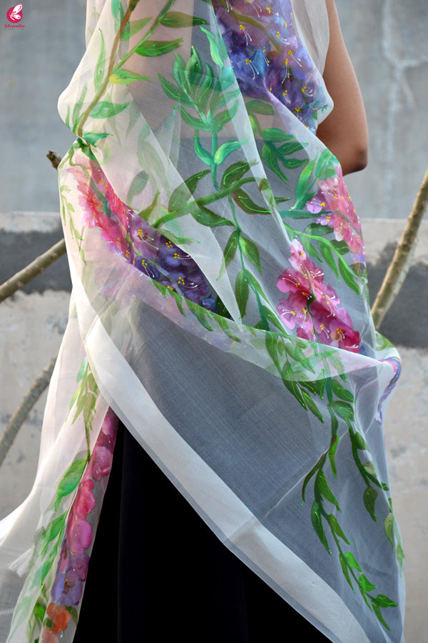 White Organza Handpainted Multicolor Floral Stole