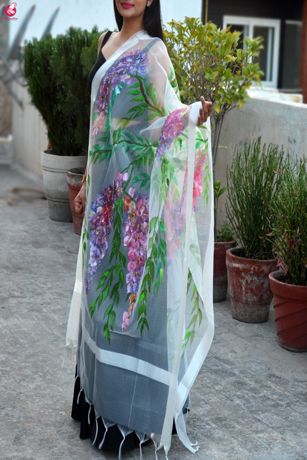 White Organza Handpainted Multicolor Floral Stole