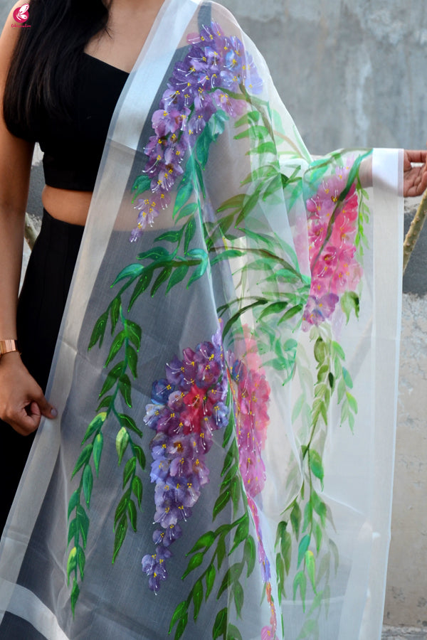 White Organza Handpainted Multicolor Floral Stole
