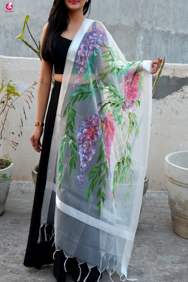White Organza Handpainted Multicolor Floral Stole