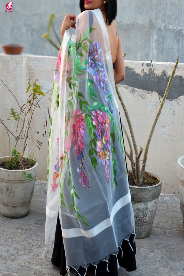 White Organza Handpainted Multicolor Floral Stole