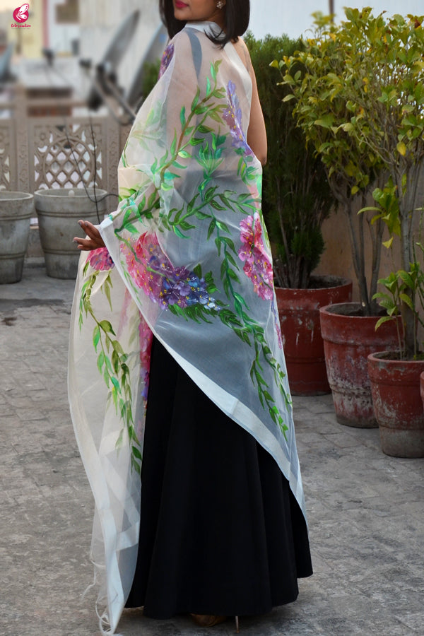White Organza Handpainted Multicolor Floral Stole