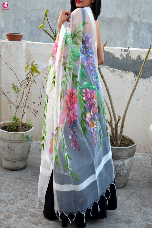 White Organza Handpainted Multicolor Floral Stole