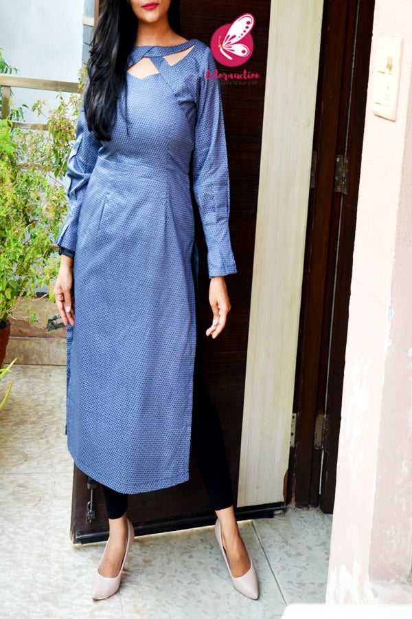 Blue Honeycomb Print Full Sleeves Cotton Silk Kurti