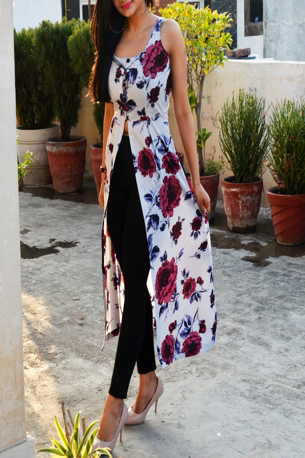Powder Blue Floral Printed Crepe Front Slit Kurti