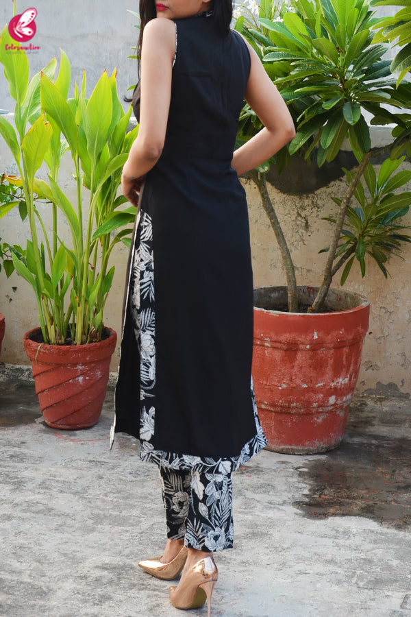 Black Printed Crepe Kurti with Printed Crepe Palazzo Pant
