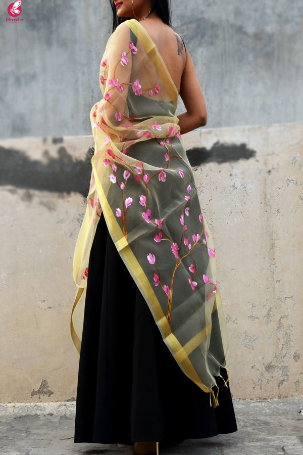 Cream Organza Floral Hand Painted Stole