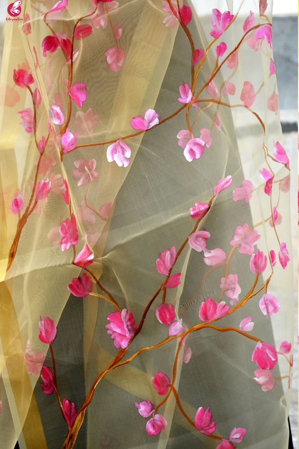 Cream Organza Floral Hand Painted Stole