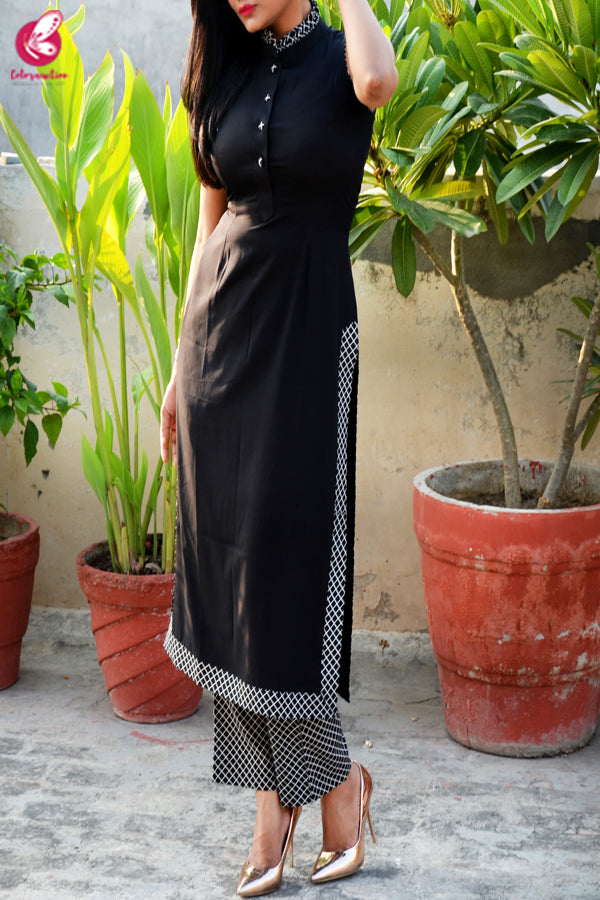Black &amp; White Printed Crepe Kurti with Printed Crepe Palazzo Pant