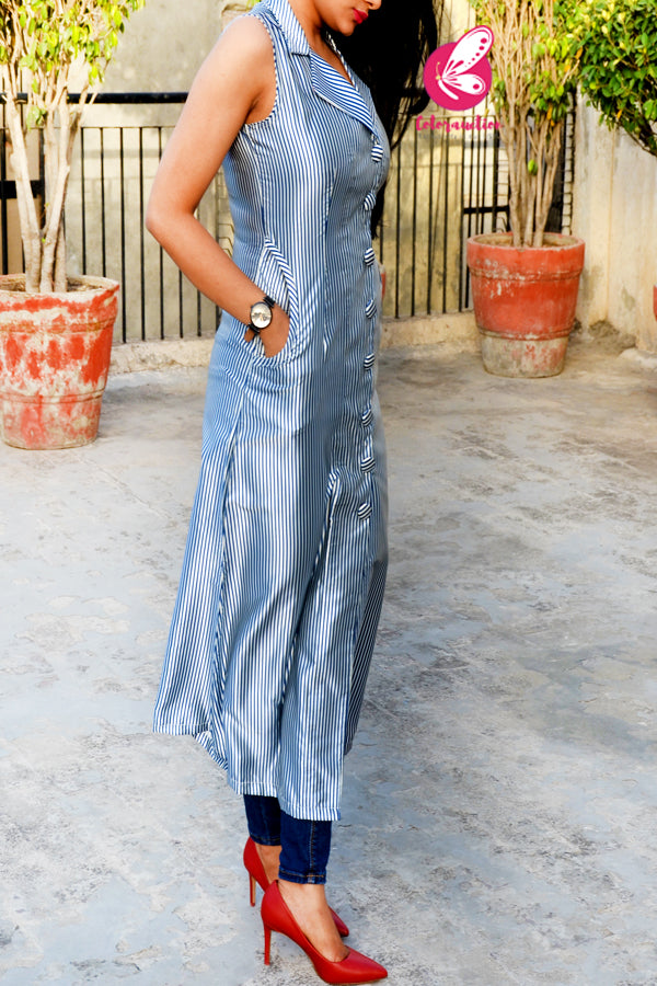 White &amp; Navy Blue Satin A-Line Stripes Kurti