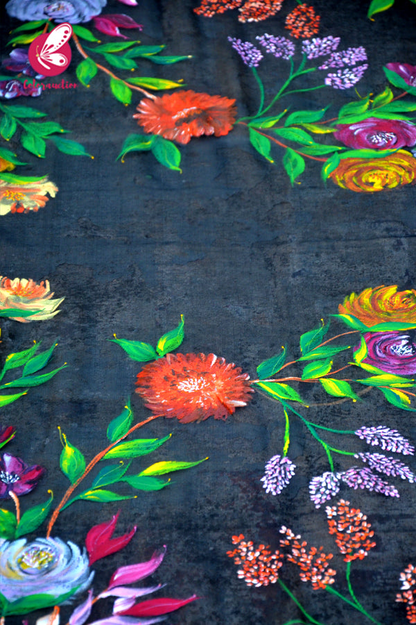 Black Pure Organza Multicoloured Hand painted Stole