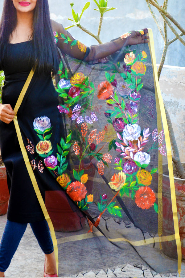 Black Pure Organza Multicoloured Hand painted Stole