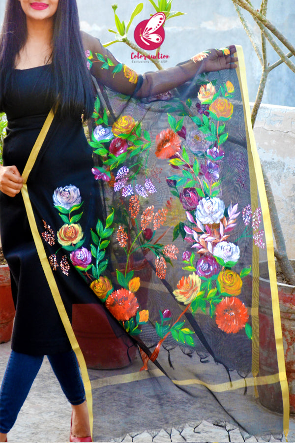 Black Pure Organza Multicoloured Hand painted Stole
