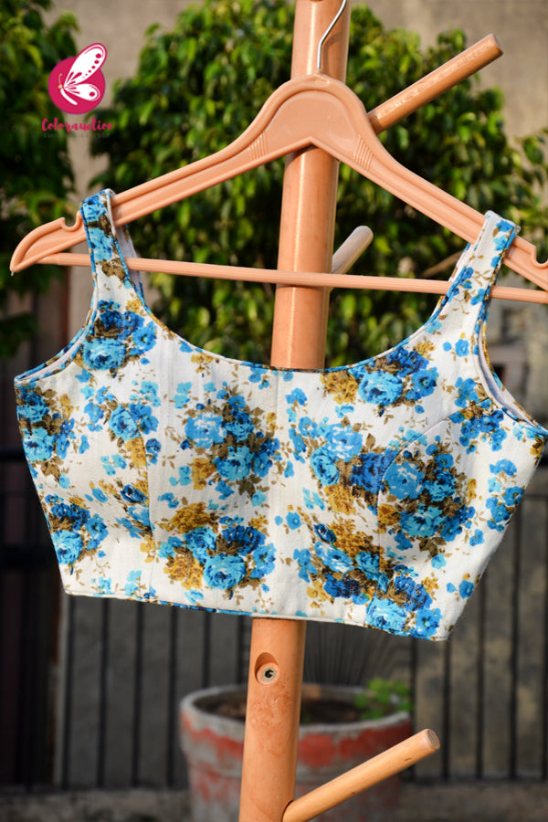 White &amp; Blue Floral Printed Cotton Tussar Padded Backless Blouse