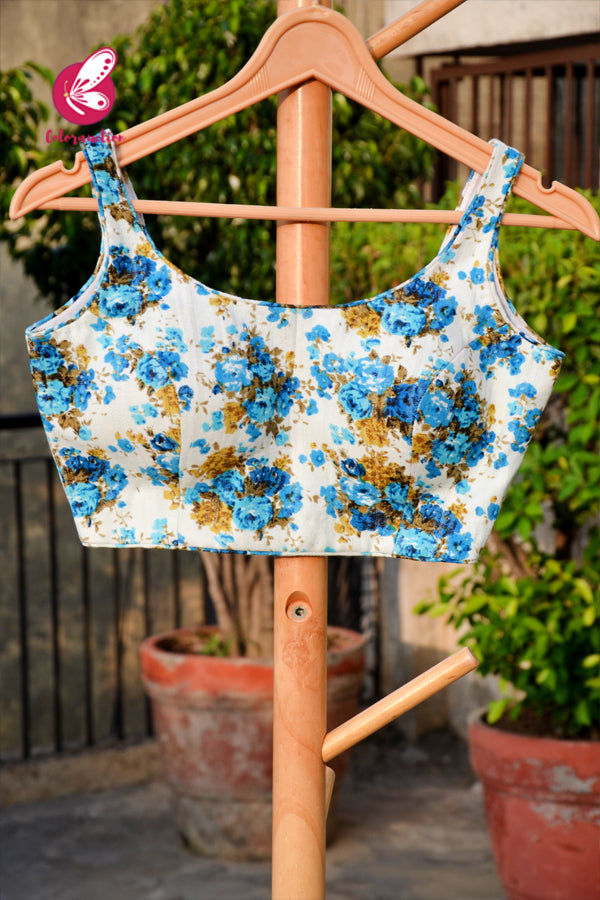 White & Blue Floral Printed Cotton Tussar Padded Backless Blouse