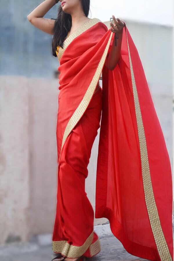 Red Crepe Mirror Handwork Designer Saree