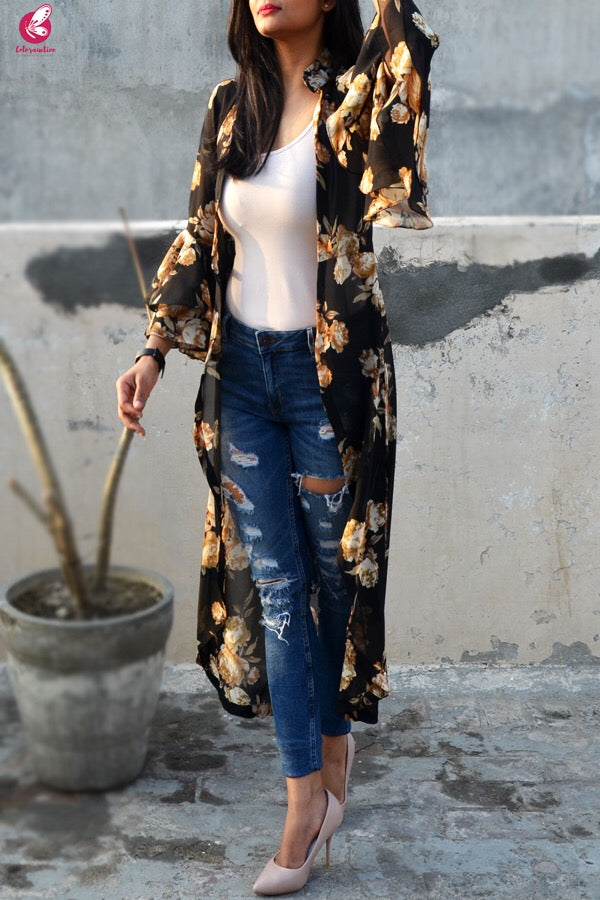 Black Printed Georgette Quarter Sleeves Long Shrug