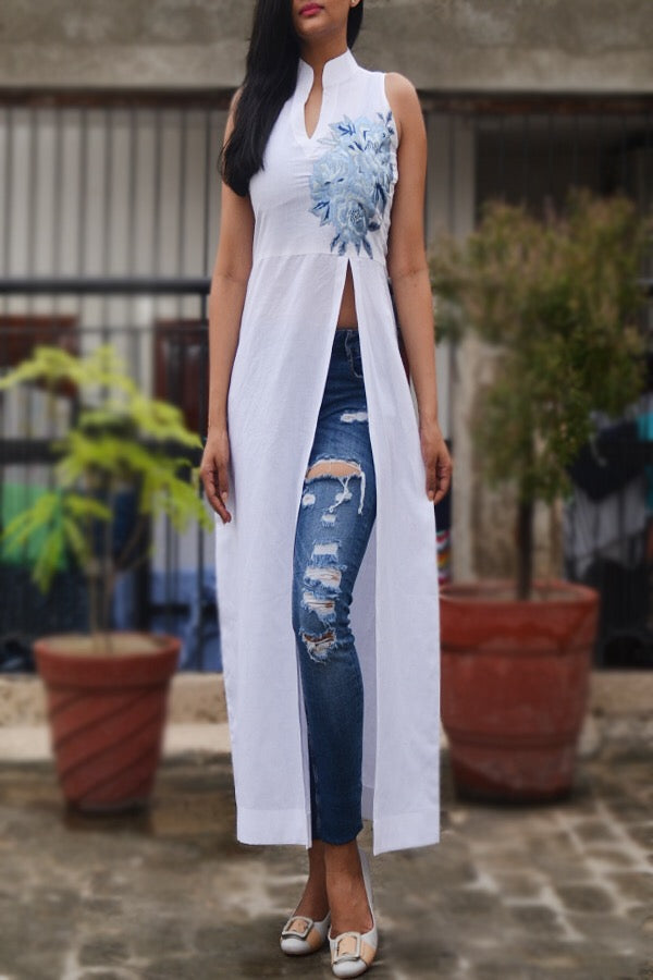 White Pure Linen Embroidered Kurti