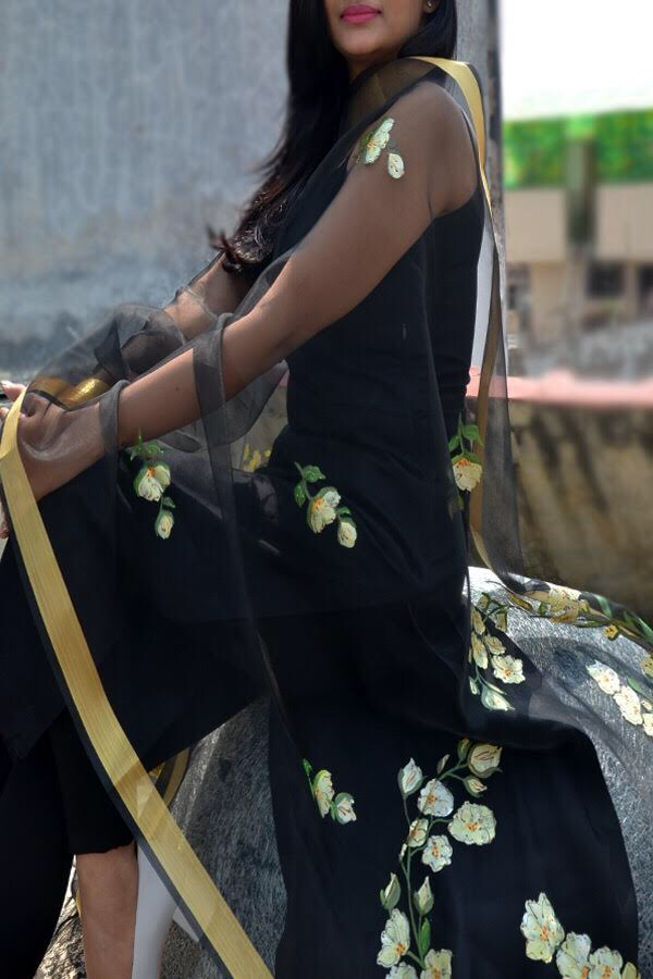 Black Organza Floral Hand Painted Stole