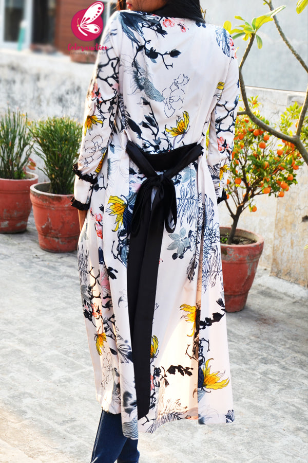 Multicoloured Printed Crepe Black Satin Collar Open Front Long Shrug