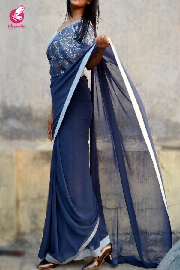 Blue-Grey Georgette Handpainted Saree