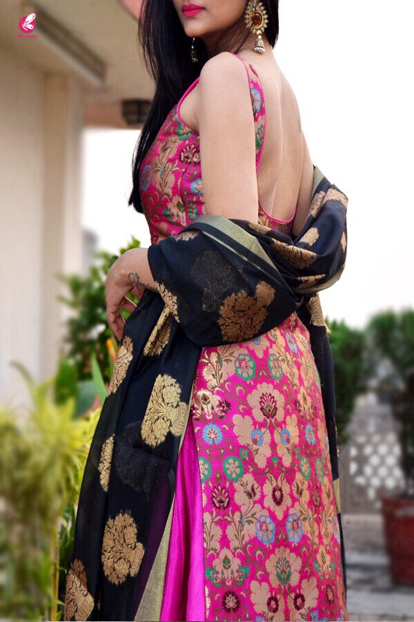 Magenta Banarasi Padded Kurta with Skirt and Dupatta