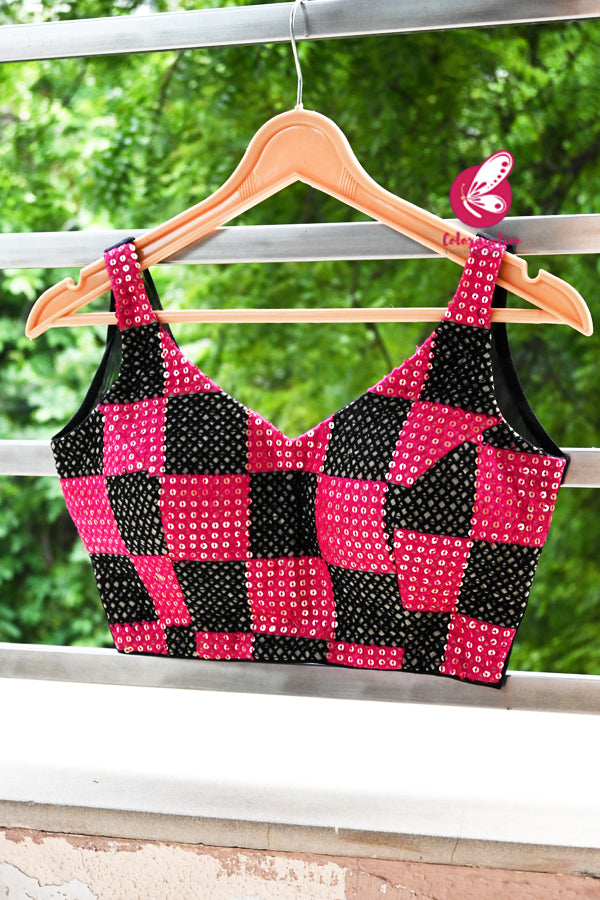 Pink &amp; Black Embroidered Fancy Padded Sheer Back Blouse