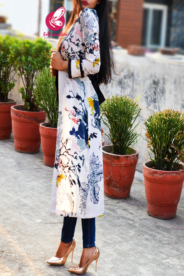 Multicoloured Printed Crepe Black Satin Collar Open Front Long Shrug